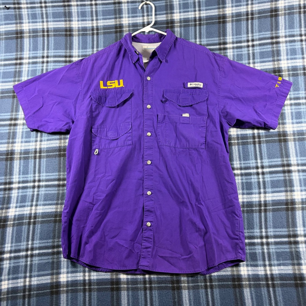 Columbia PFG LSU Tigers Fishing Shirt Mens Medium Purple Short Sleeve Button Up